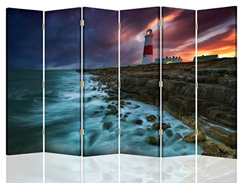 Raumteiler Trennwand Leuchtturm Paravent 6-teilig Natur Blau 216x175 cm
