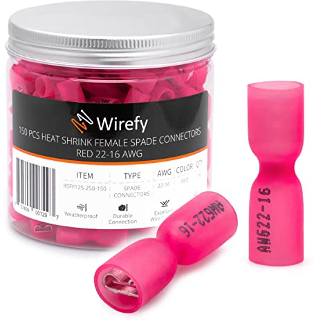 Wirefy Rote Schrumpfverbinder Flachsteckhülsen Isoliert - Kabelschuhe Weibliche Flachstecker Sortiment - Quetschverbinder Kfz - 0,5-1,5 mm² - 150 Stück