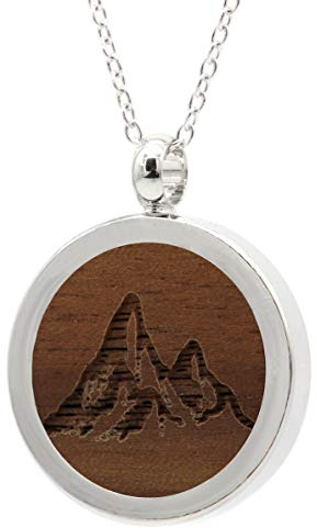 NaturSchatulle Kette mit Anhänger Holz Gravur Berge Halskette Holzanhänger Medaillon Silber 925 Damen Kettenanhänger Amulett Holzschmuck Charms 50cm