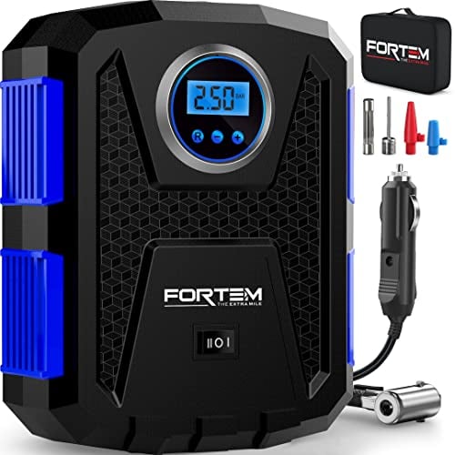 FORTEM Compressore Aria Portatile per Pneumatici, Pompa per Bicicletta, Compressore Aria 12V con Luce a LED, Manometro Digitale Pneumatici con Gonfiaggio/Spegnimento Automatico, con Custodia (Blu)