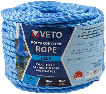 Blue Poly Rope Builder Polypropylene Nylon - 3mm 6mm 8mm 10mm 12mm Winders/Coils (8mm x 30m Coil)