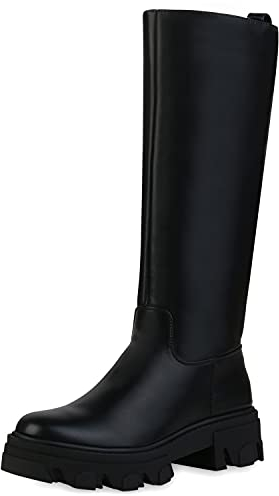 VAN HILL Damen Stiefel Plateaustiefel Blockabsatz Schuhe Plateau Vorne Profilsohle Plateauschuhe Boots Freizeitschuhe 201164 Schwarz Nero 40
