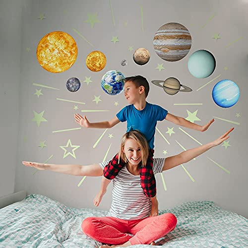 Blaues Leuchten im Dunkeln Sonnensystem Wanddekor Blaue Sterne und Planeten Wandaufkleber Jungen Mädchen Kinderzimmerdekoration Selbstklebender Aufkleber Einfach zu kleben und zu entfernen