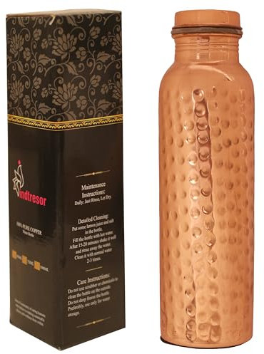 INDTRESOR Botella de agua de cobre puro, hecha a mano, beneficios para la salud Ayurveda, grande, 35 onzas, a prueba de fugas, fácil de transportar para deportes, fitness, yoga, escuela, acabado de