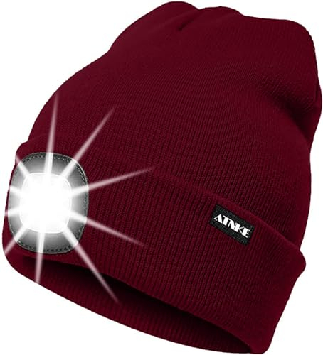 ATNKE LED Beleuchtete Mütze,Wiederaufladbare USB Laufmütze mit Licht Extrem Heller 4 LED Lampe Winter Warme Stirnlampe für Herren und Damen Geschenke/Wine Red