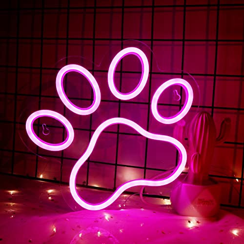 Dog Paw Print Neon Light Sign, USB Powered LED Claw Signs with Dimmer 9.8 * 8.6 Inch, Cute Wall Decor for Kids Bedroom,Birthday,Pet Party,Christmas, Perfect Gifts for Dogs Lovers Boys Girls(Pink)