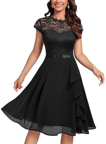 MIUSOL Women's Vintage Lace Contrast Chiffon Ruffles Classy Party Flared Swing Dress (Large, Black)