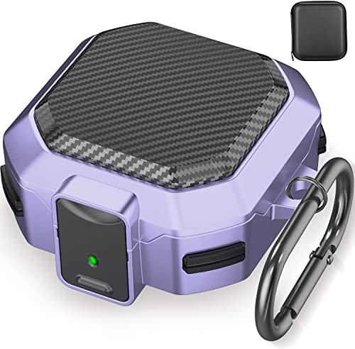Carbon Fiber Case for Samsung Galaxy Buds Pro 2/2 Pro/2 Live/FE with Secure Lock, Keychain, Zipper Box, Brush - Purple