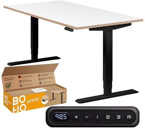 boho office® höhenverstellbarer Schreibtisch 140 x 80 cm - Elektrisch stufenlos, 2 Motoren, 3-Fach Teleskop, Memoryfunktion - Homedesk Schwarz inkl. Tischplatte in Weiß mit Multiplexkante