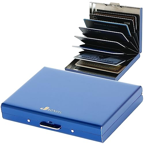 BONSYL® Kreditkartenetui mit RFID-Blockierung, Schmales Kreditkarteninhaber Brieftasche aus Metall, Bank/Ausweis/Kreditkarten Schutz mit 8 Fächern für Damen oder Herren. (8 Karten/Blau)