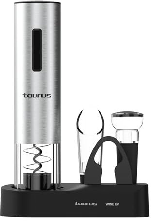 Taurus, Abridor vino Wine Up, Inalámbrico, Descorcha en 6-8’’, Luz LED, Incluye cortador cápsulas, decantador, tapón bomba vacío, base almacenamiento, cable USB