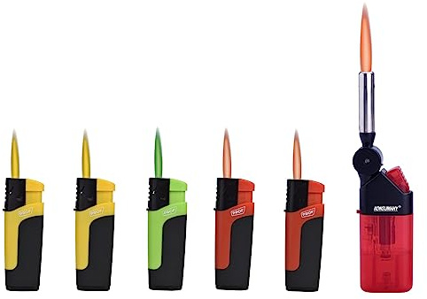 Sturmfeuerzeug Turbo Jetflame Gas Feuerzeug Color Flames, 5 Stück + 1x (Konsumany® Stab- Sturmfeuerzeug 12,5 cm Lang)