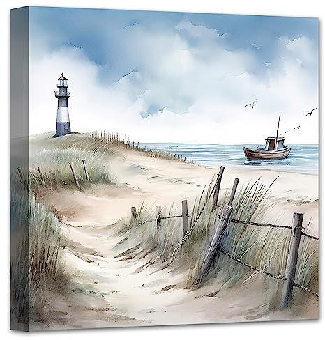 LZIMU Küstenstrand Leinwandbild Meereslandschaft Leuchtturm Schiff Kunstdruck Badezimmergemälde blaues beruhigendes Küstenkunstwerk (C,30.00 x 30.00 cms)