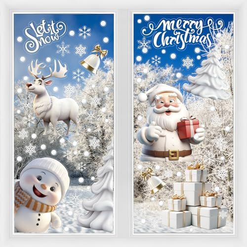 DERAYEE 8 Stück Weißer Weihnachtsfensterbilder(21x28cm) Selbstklebend Fensterdeko Weihnachtsmann Elch Schneeflocken Schneemann Weihnachtsbaumfür Weihnacht Fenster Tür Dekoration