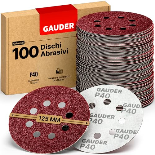 GAUDER Dischi abrasivi per levigatrici eccentriche Ø 125mm - Carta abrasiva a strappo 8 fori - Fogli abrasivi rotondi per legno, metallo e altri materiali (Grana P40-100 pezzi)