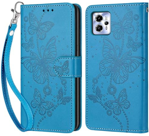 Handyhülle für Motorola Moto G13 / G23 / G53 Hülle, Blau Schmetterling | PU Leder Flip, Klappbar, Stoßfest, Magnetisch, Standfunktion, Kartenfächer, Retro Design, Handgelenkband