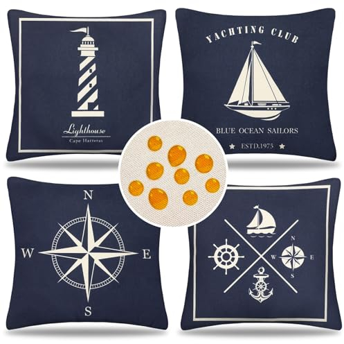Wasserfest Sofakissen Kissenbezug Frühlings Sommer Bauernhaus wasserdichte Kissenhülle Leinen Navy Blau Dekokissen Nautisch Dekorativ Kissen 50x50cm 4er Set für Außen Balkon Terrasse Patio Garten
