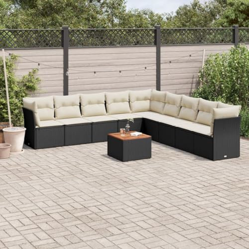 QJBSAVVA 10-TLG. Garten-Sofagarnitur, Eckbankgruppe Essgruppe Gartenstuhl Loungemöbel Terrasse Geeignet für Garten Außen Balkon Wenig Platz mit Kissen Schwarz Poly Rattan