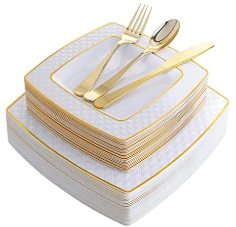 QIAOCEN 50 vajilla plato cuadrado de plástico con juego de cubiertos dorados suministros para fiesta de boda y cumpleaños