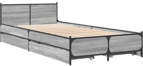 vidaXL Bettgestell, Bett mit Schubladen, Bettrahmen mit Metallbeine Sperrholzlatten, Einzelbett für Schlafzimmer, Schubladenbett, Grau Sonoma 100x200cm Holzwerkstoff