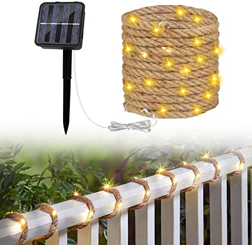 Solar Lichterkette Seil Garten, IP65 Fairy Solar Rope Lights mit 100 LEDs für Außenbereich Garten Terrasse Balkon Deko, 500cm Sisal Star Illuminated Lamp, Deko Seil Leuchte Warmweiße Dekoration