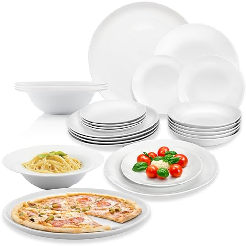 SÄNGER | Kombiservice New Port 24 tlg, Porzellan Geschirrset 6x Speiseteller 6x Dessertteller 6x Schalen 4x Pastateller 2x Pizzateller, Teller & Schalen Set spülmaschinen- mikrowellen- kratzfest Weiß