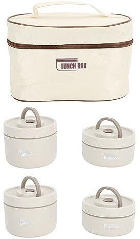 Pissente Contenedor de Almuerzo Aislado Térmico Acero Inoxidable 304 Redondo Portátil Sellado con Bolsa Térmica Beige 4 Piezas Multifunción