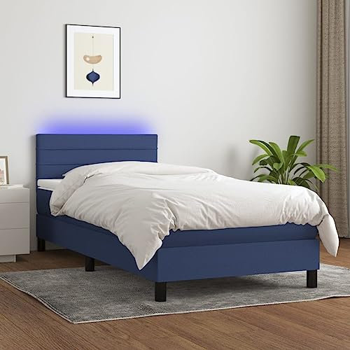 Willood Boxspringbett mit Matratze Bett Kopfteil LED, Einzelbett Bettgestell mit Lattenrost, Polsterbett Bettrahmen Blau 90x200 cm Stoff Horizontale Streifen