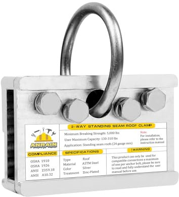 Reusable 2-Way Standing Seam Roof Anchor Clamp, Non-Penetrating Design Galvanized Steel Roof Anchoring Clips That Accommodate A Variety Of Seam Widths, For Use On Roofs Or Securing Ladders, 5000lbs