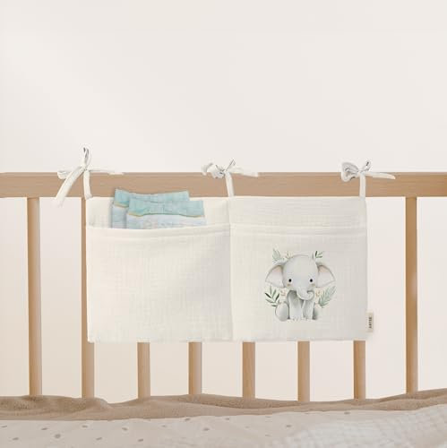 Babybett Aufbewahrungstasche aus 100% Baumwolle Musselin, für das Beistellbett, Babybett, Kinderbett. Ideal zum Verstauen von Windeln, Schnullern (Elephant Cream)
