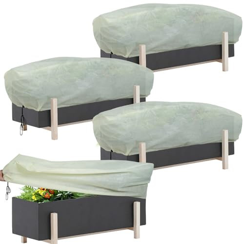 iBamso Schutzhülle für Winterpflanzen, Rechteckige Frostschutz für Blumenkasten, Winterschutz Kübelpflanzensack, Winterschutz Balkonpflanzen mit Kordelzug -Beige, 4 Stücke (120 x 45 x 40 cm)