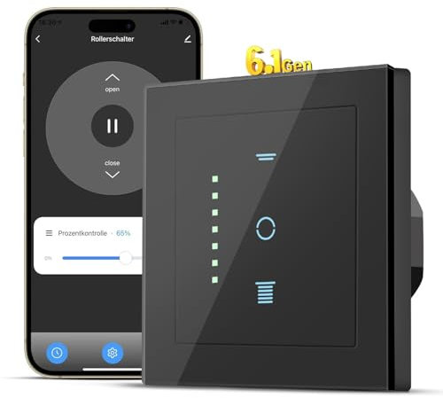SMARTERCURRY WLAN Rollladenschalter [6.1Gen], Smart LED Jalousien Schalter mit Timer, Kindersicherung, Rollladensteuerung kompatibel mit Echo Alexa/Google, 80x80mm, 1 Stück | Schwarz