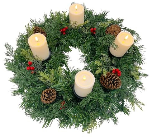 Gartenpirat Künstlicher Weihnachtskranz Ø 60 cm mit 4 LED-Kerzen Flacker-Effekt Adventskranz geschmückt mit Zapfen und roten Beeren