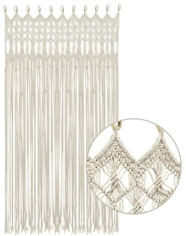 Garbenat Tenda da porta in macramè, 120 x 195 cm, fatta a mano, per finestre, grande tenda divisoria con anello in legno, in cotone, decorazione per finestre, colore bianco