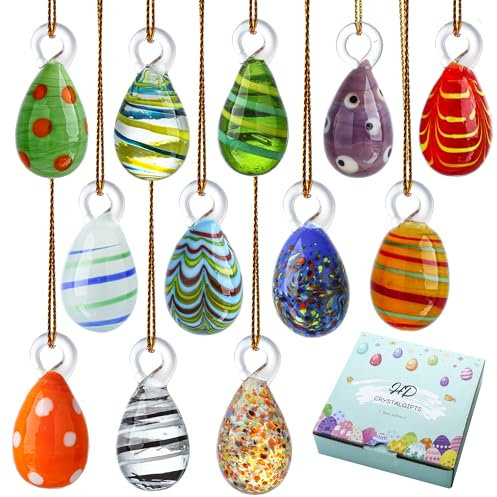HDCRYSTALGIFTS 12 Stück Ostereier aus geblasenem Glas zum Aufhängen für Osterbaumschmuck, Zuhause, Party, Basteln