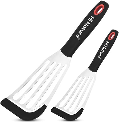 Hi Nature Rostfritt stål stekspade set 2 delar grillspade rostfritt stål med silikonkant värmebeständig och diskmaskinssäker fiskspatel för grill kök BPA-fri