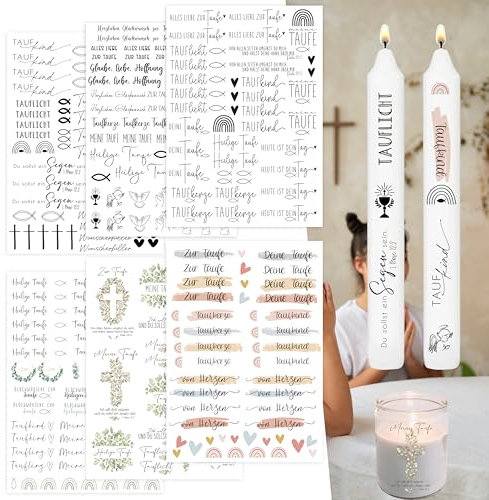 Kerzen Tattoo – 6 Stück DIY Wasserschiebefolie für Taufkerzen, Kerzentattoos mit Sprüchen und Symbolen, Kerzenaufkleber für Kerzen und Keramik, DIY Geschenk zur Feier(Taufe)