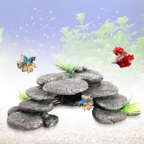 Silkwish Simulation Steine Deko Mit Simuliertem Wassergras für Aquarium, Terrarium - Aquarium Höhle - - Wasserschildkröten Zubehör, Garnelen Versteck Tunnel, 23,2 x 14 x 8cm