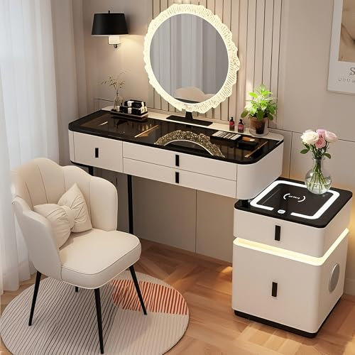 Goldonion Schminktisch mit Glasplatte, Frisiertisch mit Spiegel und Beleuchtung, Schminktisch modern mit Stuhl, Kosmetiktisch mit schubladen ideal für Damenzimmer (Weiß + Schwarzes Oberteil, 100)