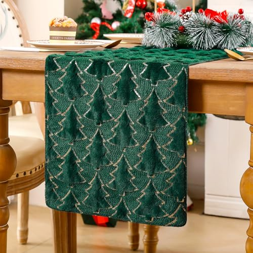 Tischläufer Weihnachten Grün Abwaschbar 30 cm Breit Weihnachtliche Tischläufer Modern Kurz Weihnachtsbaum Gold Jacquard Winter Weihnachtsdeko Landhausstil für Kommode Party Deko 33x100cm