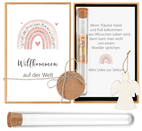 Hestya Geschenke zur Geburt Geldgeschenk zur Geburt für Mädchen Jungen | Geburtsgeschenk mit Reagenzgläser, Holzengel, Geburtskarte Willkommen auf Der Welt, Geschenk für Babyparty, Geburtstagsfeier