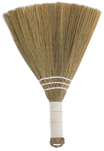 POPETPOP Small Indoor Natural Grass Whisk Broom Handheld Miniature Sweeping Brush for Home Cleaning and Tasks Straw Braided Asian Whisk Broom with Thai Vintage Style Embroidered Handle Easy