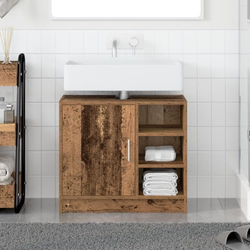 Qnhdfrt Rustikaler Waschtisch-Schrank aus Massivholz Altholz Braun Schmal 63x29x55 cm mit 3 Regalen und Tür Vintage-Design für Badezimmer Waschküche