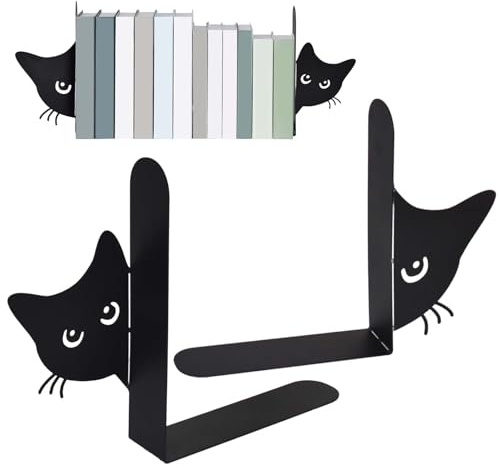 Buchstützen Metall Schwarz, 2 Stück Katze Bücherstütze, Bücherhalter für Regal Bücherstützen, Buchhalter Regal, Buchständer Buchstützen, Book Holder Bookends, Bücherhalter für Schule, Büro und Zuhause