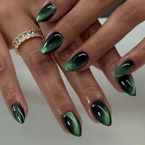 SXVME Press On Nails Short Almond - Neon Green to Black False Nails Short Stiletto, Glitter Cat Eye Fake Nails Set, Reusable Cute Dark Gel Glue On Nails with Color-Shifting Glow, 30 Pcs