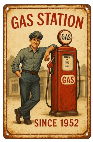 AstraDesign Blechschild „Gas Station – Since 1952“ – Retro Tankstellen-Schild 20x30 cm – Vintage Garage- & Werkstatt-Deko mit Zapfsäule