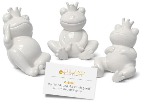 Tiziano® Keramik Froschkinder Creme-weiß (9,5cm sitzend, 8,5cm liegend, 8,5cm liegend seitlich) - Glänzende Deko Figuren im 3er Set für Wohnzimmer & Büro - Dekoartikel für Moderne Einrichtung