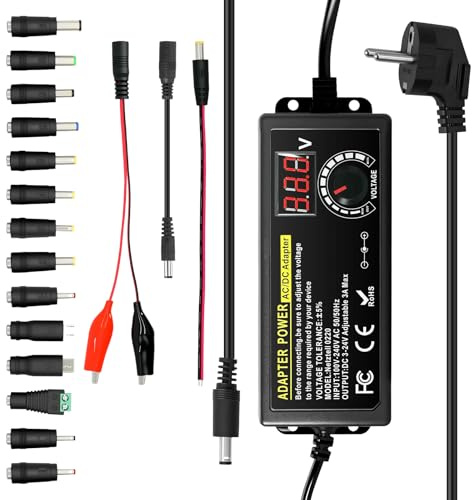 Fuente de alimentación Universal de 72W, 3V-24V y 3A máx. con Voltaje Ajustable, Adaptador de Corriente AC/DC 100-240V con indicador LED + 14 Puntas para electrónica doméstica, portátiles, routers