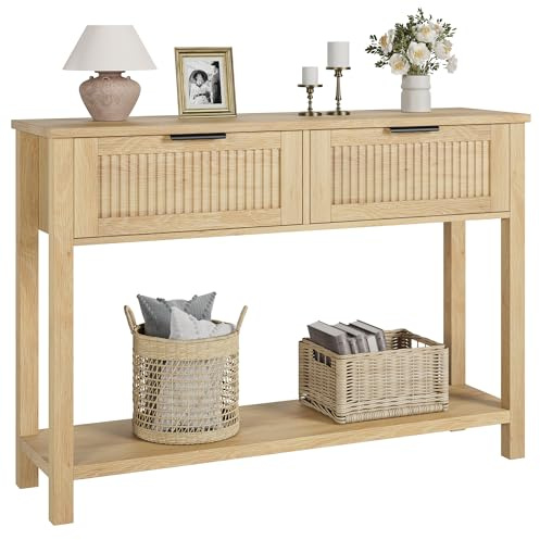Garvee Table Console à 2 Niveaux, Meuble d’Entrée, Table d'appoint avec 2 Tiroirs en Rotin et Étagère de Rangement, pour Couloir Chambre Salon (Beige 2)