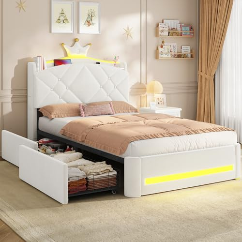 AOGLLATI Kinderbett 90x200 mit Krone-Design, Ladestation & LED-Beleuchtung | Bett 90×200 mit Gepolstertes Kopfteil, 2 Schubladen,Lattenrost,für 90 x 200 Matratze, Polsterbett, Beige Samt (ohne Matratze)